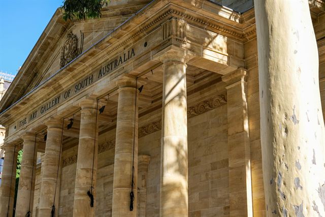 Sandstone columns and portico of the Art Gallery of South Australia on North Terrace, Adelaide