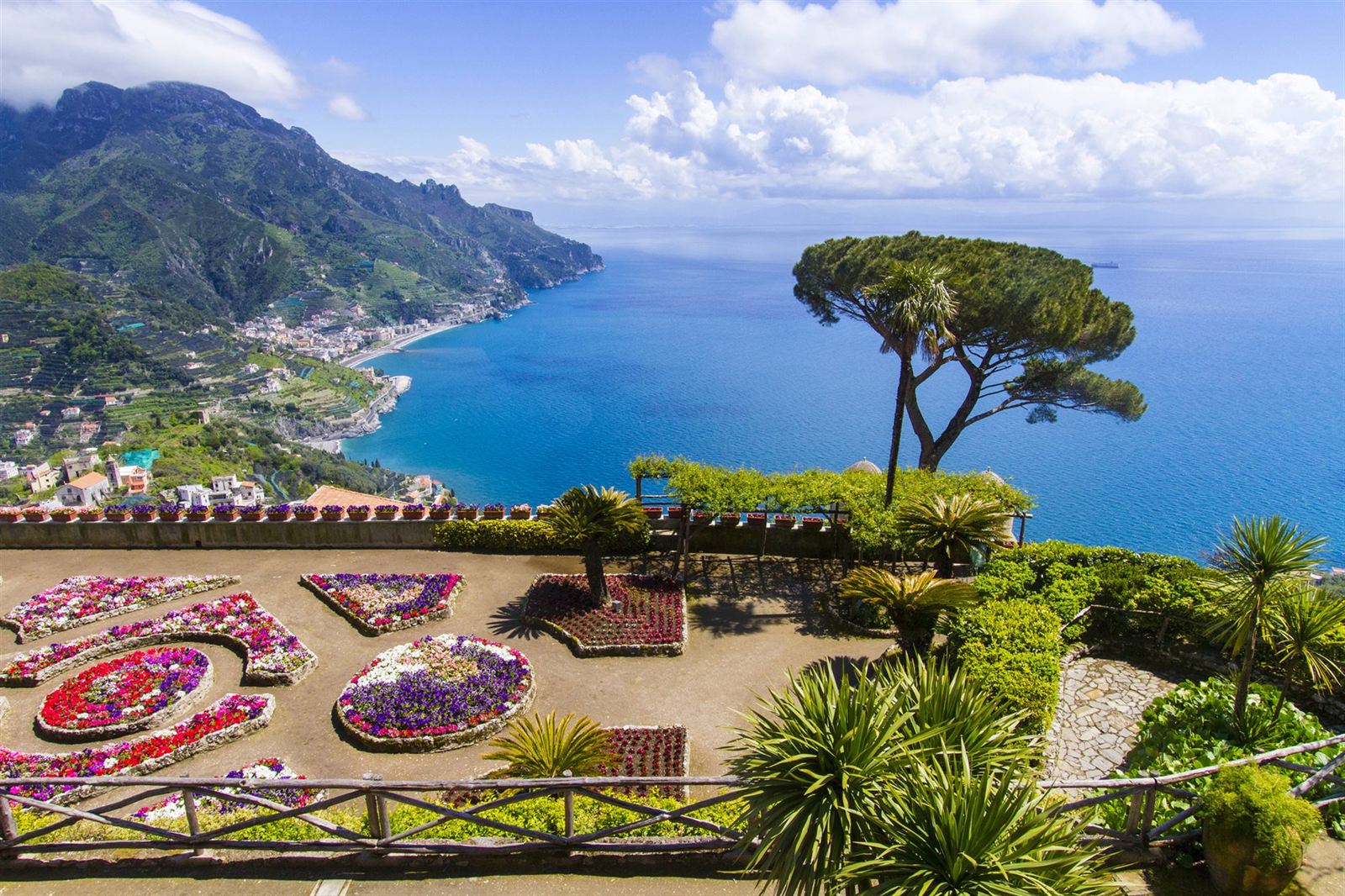 Villa Rufolo terrace gardens in Ravello overlooking the Amalfi Coast cliffs and blue sea