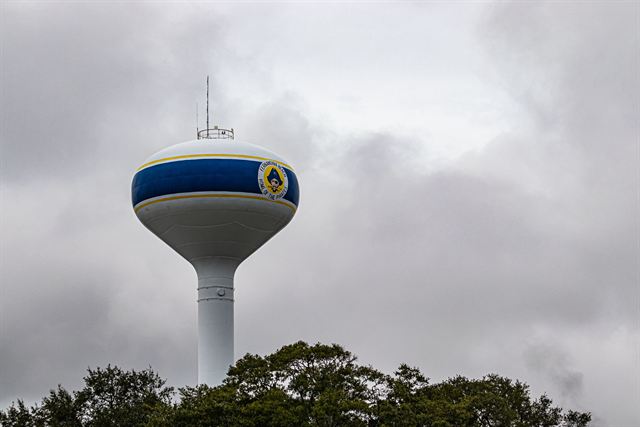 Blue-and-white Fernandina Beach water tower on Amelia Island rising above trees under a cloudy sky