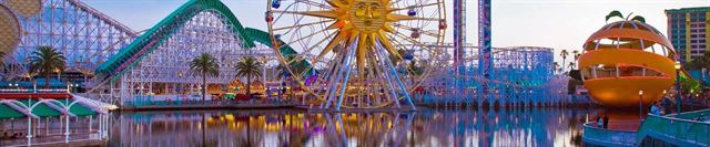 Wide banner of Pixar Pier at Disney California Adventure: Incredicoaster, Pixar Pal-A-Round wheel and lagoon