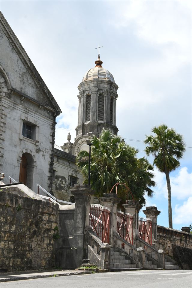 Twin baroque towers of St. John's Cathedral with palm trees and stone steps in St. John's, Antigua
