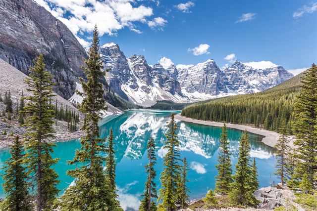 Turquoise Moraine Lake framed by pines with rugged snow-streaked Rocky Mountain peaks behind