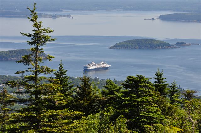 Cruise ship anchored off Bar Harbor below spruce-covered Cadillac Mountain, Acadia