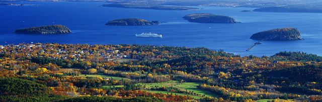 Panorama of Frenchman Bay, the Porcupine Islands and Bar Harbor from Cadillac Mountain