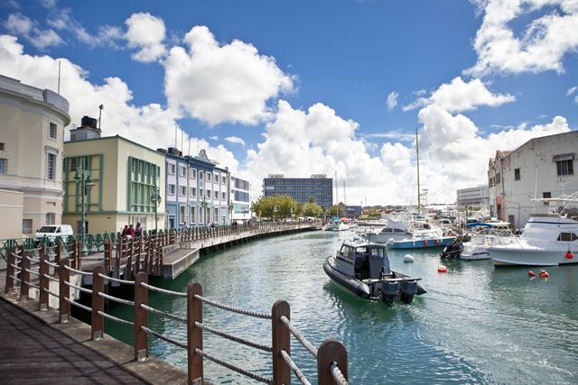Waterfront promenade and marina boats in downtown Bridgetown, Barbados