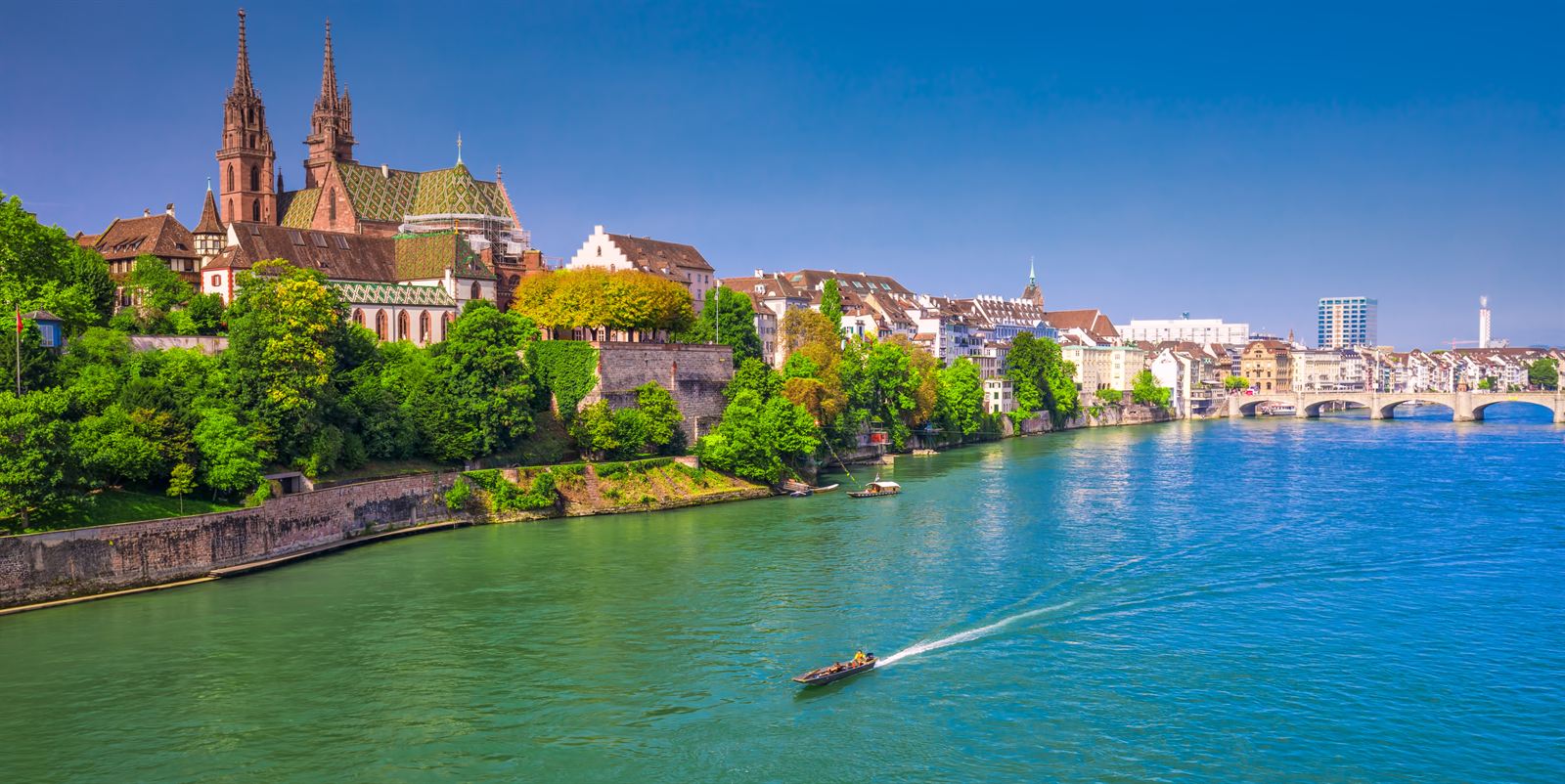 Basel old town and the red sandstone Münster cathedral above the Rhine river