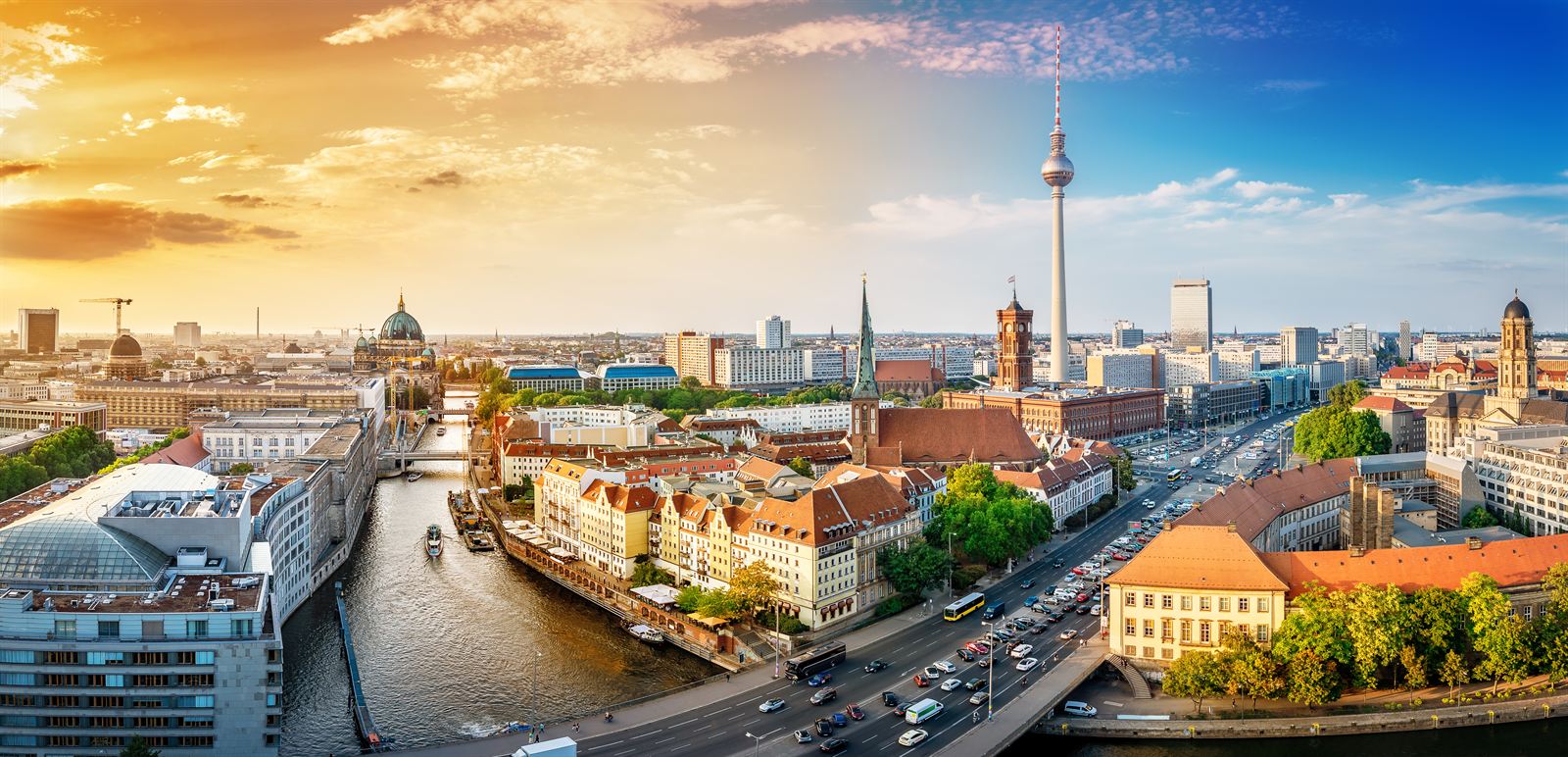 Panorama of central Berlin at sunset with the TV Tower, Red Town Hall and Spree river