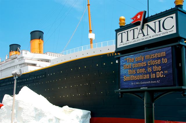 Titanic Museum attraction in Branson, a ship-shaped building with its Titanic sign and iceberg facade