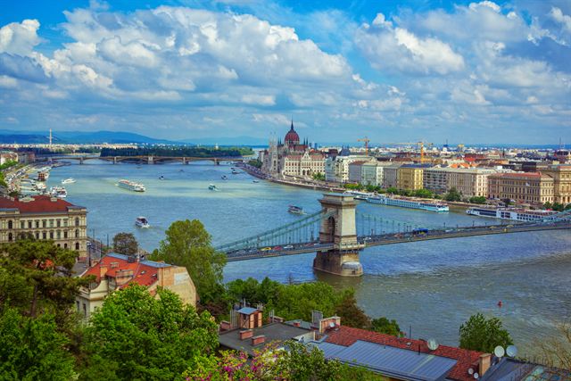 Aerial view over Budapest with the Chain Bridge, the Danube and Parliament in the distance