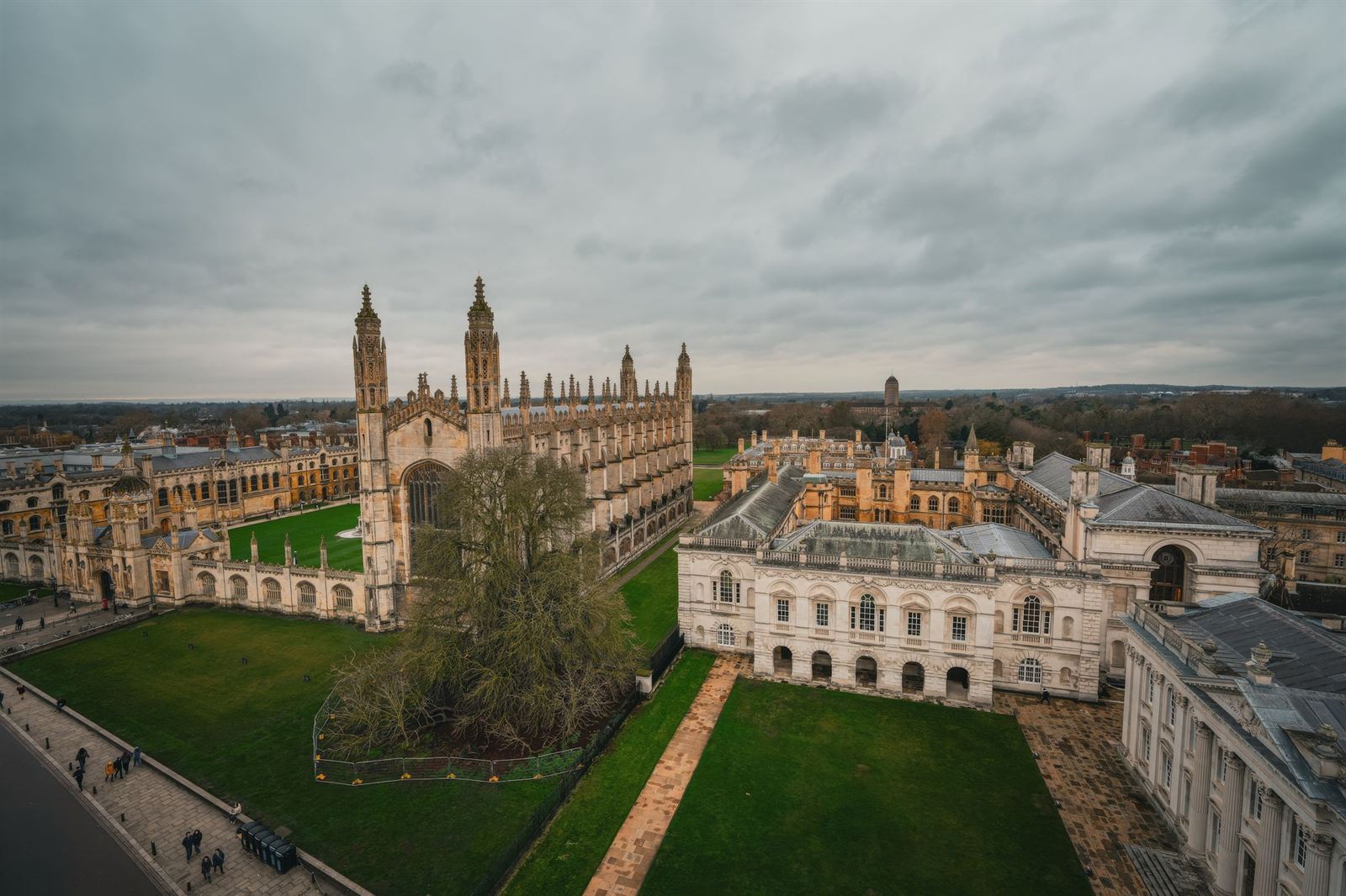Aerial view of King's College Chapel and surrounding Cambridge colleges with green lawns