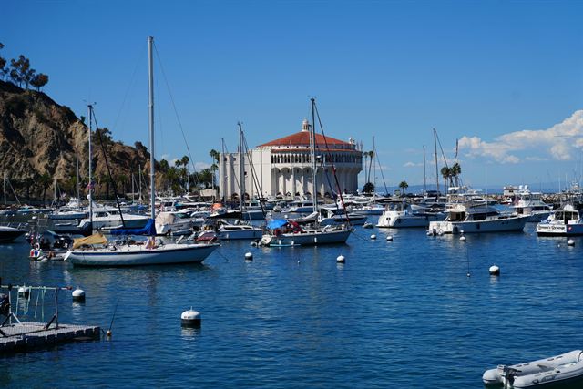 The Catalina Casino building rising above sailboats moored in Avalon Harbor under blue sky