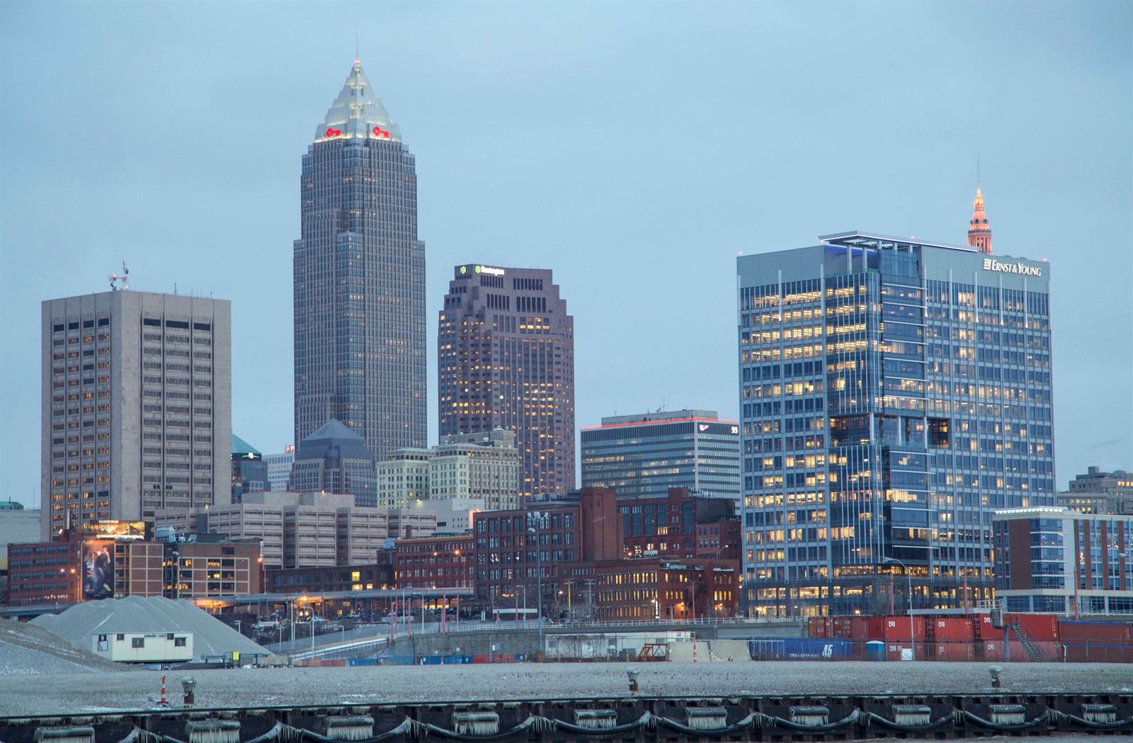 Downtown Cleveland skyline with Key Tower and glass office buildings seen across the lakefront rail yards