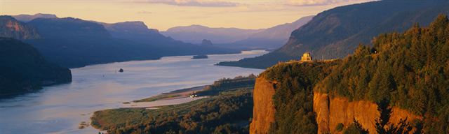 Crown Point and Vista House at golden hour above the Columbia River Gorge
