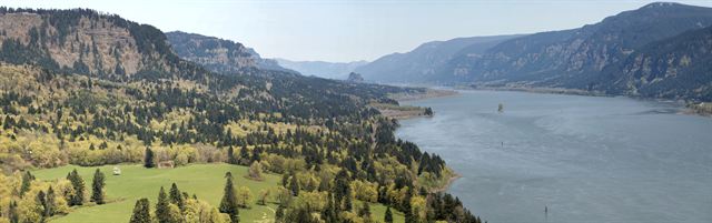 Green valley slopes and basalt cliffs along the Columbia River Gorge