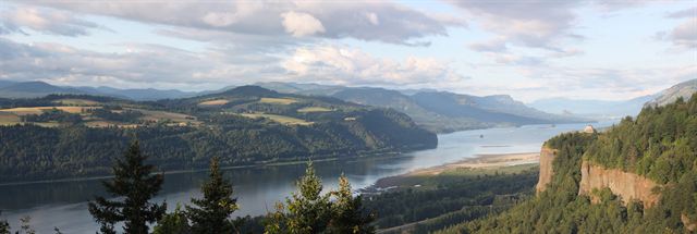 Columbia River winding east through the gorge below a basalt cliff and forest