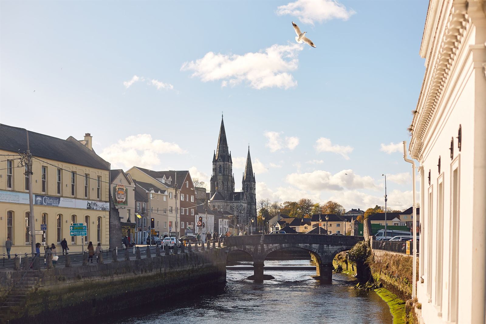 River Lee in Cork city with a stone bridge and the spires of St Fin Barre's Cathedral