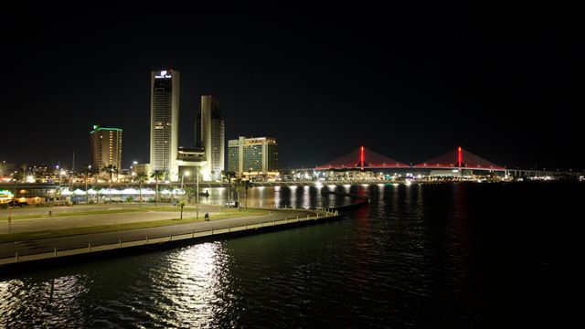 Corpus Christi downtown skyline and the illuminated red Harbor Bridge reflected in the bay at night