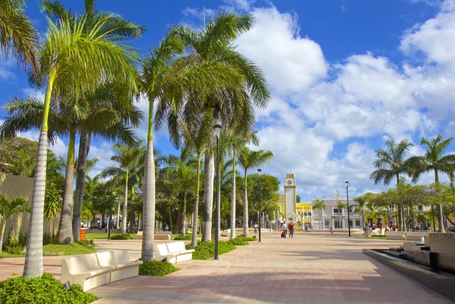 Palm-shaded central plaza of San Miguel de Cozumel with its clock tower on a sunny day