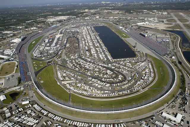 Aerial view of Daytona International Speedway with its infield full of vehicles