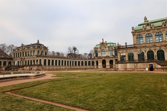 Baroque pavilions and galleries of the Zwinger palace around its lawn courtyard in Dresden