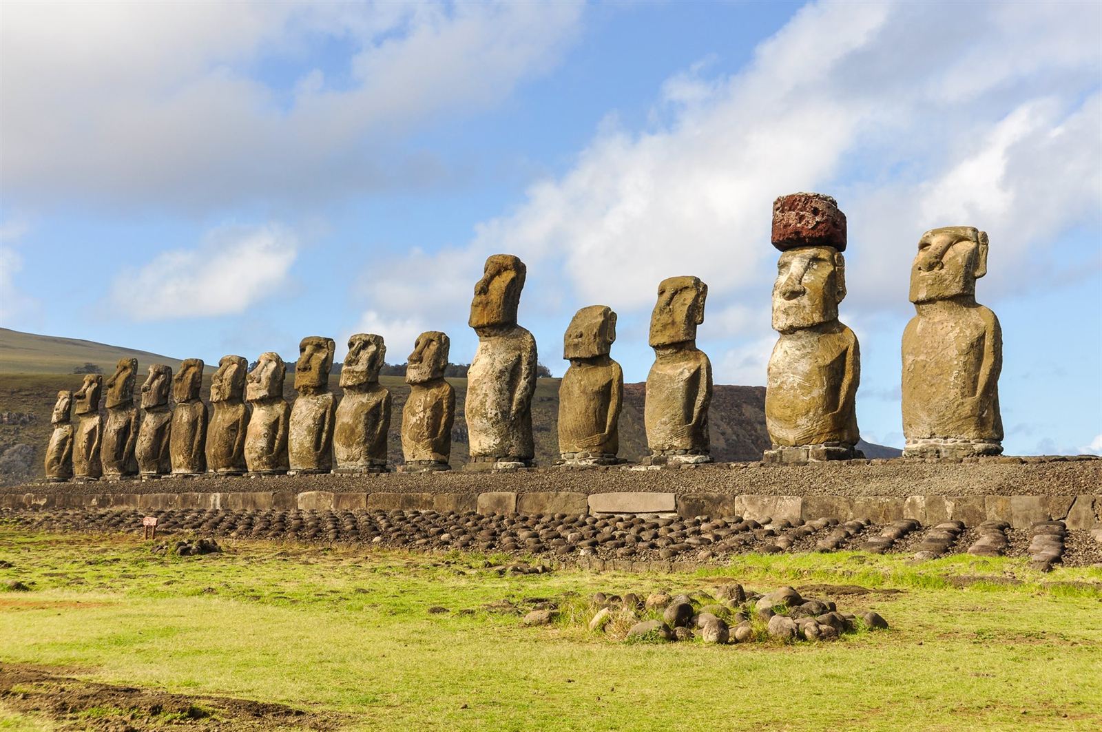 Row of fifteen moai statues on the Ahu Tongariki platform, Easter Island (Rapa Nui)