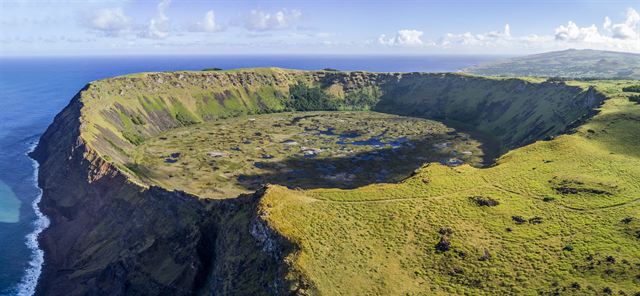 Aerial view of the Rano Kau volcanic crater and its lake on the coast of Easter Island
