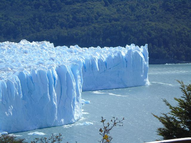 Towering blue-white ice face of Perito Moreno Glacier rising above Lago Argentino