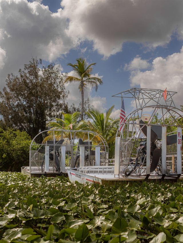 Airboats moored among lily pads and palms in the Florida Everglades under dramatic clouds