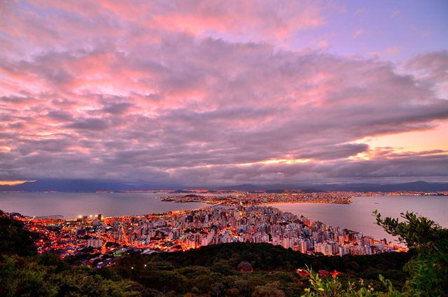Florianopolis city lights spreading along the bay beneath pink and purple sunset clouds, seen from a hilltop
