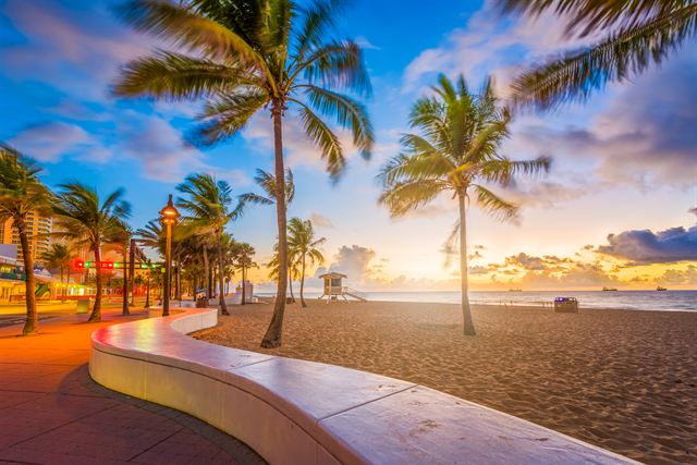 Fort Lauderdale Beach's curving wave wall and palm trees at sunrise