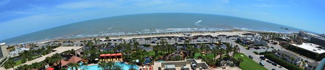 Panoramic view of Galveston Island beach and the Gulf of Mexico