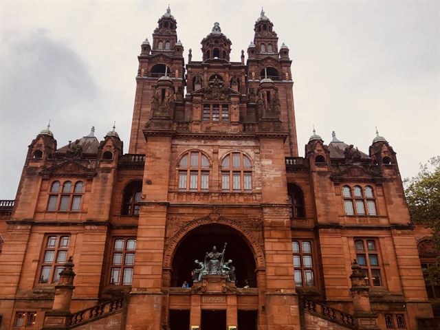 Red sandstone Spanish Baroque facade and towers of Kelvingrove Art Gallery and Museum in Glasgow