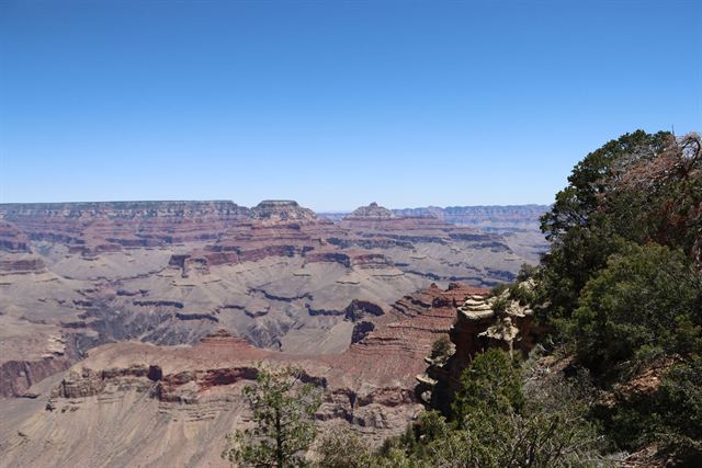Layered red and tan cliffs and buttes of the Grand Canyon stretching to the far rim under a clear blue sky