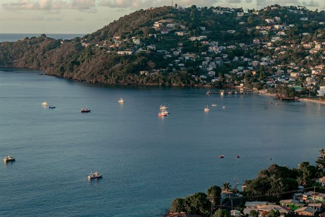 Hillside houses of the St George's area overlooking a calm Grenada bay with anchored boats