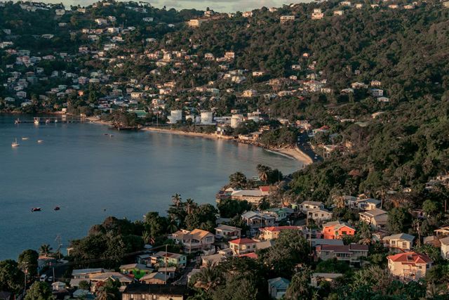 Elevated view of a curving bay lined with homes and dense tropical hills near St George's, Grenada