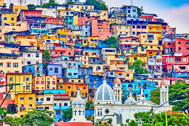 Brightly painted houses of Las Peñas climbing Santa Ana hill in Guayaquil, Ecuador