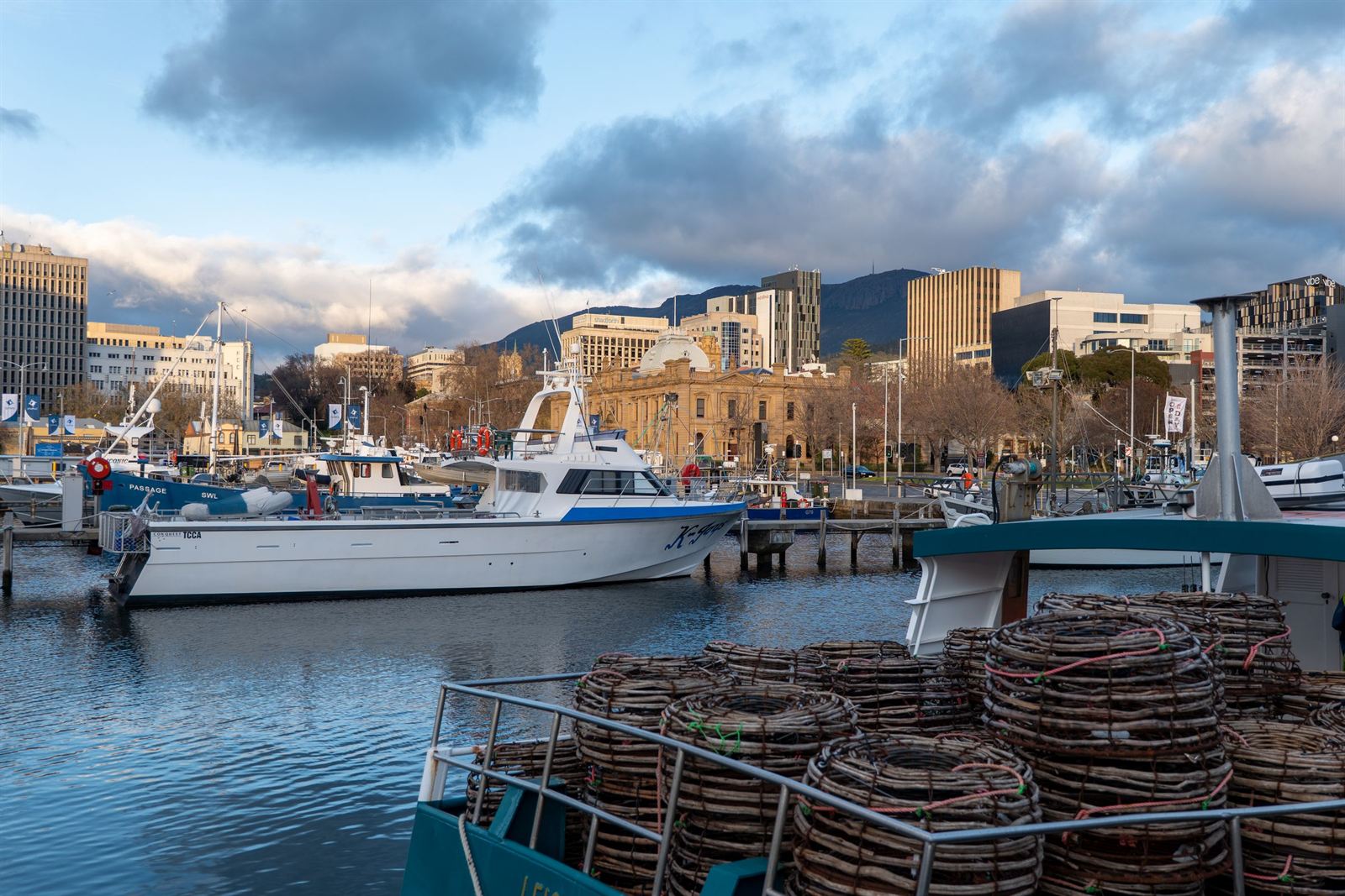 Fishing boats with cray pots in Hobart's Constitution Dock with city buildings and kunanyi/Mount Wellington behind