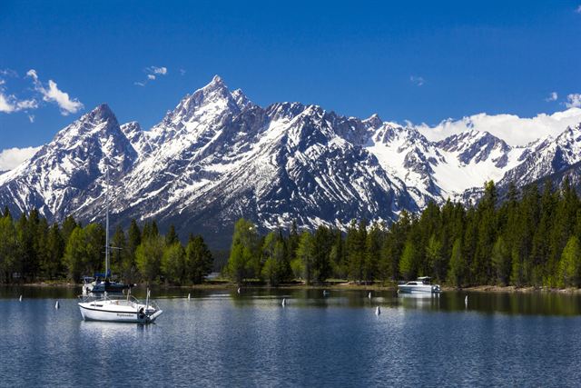 Snow-capped Mount Moran above Jackson Lake with sailboats, Grand Teton National Park