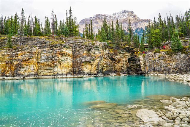 Turquoise water pooled below layered limestone walls at Maligne Canyon in Jasper National Park
