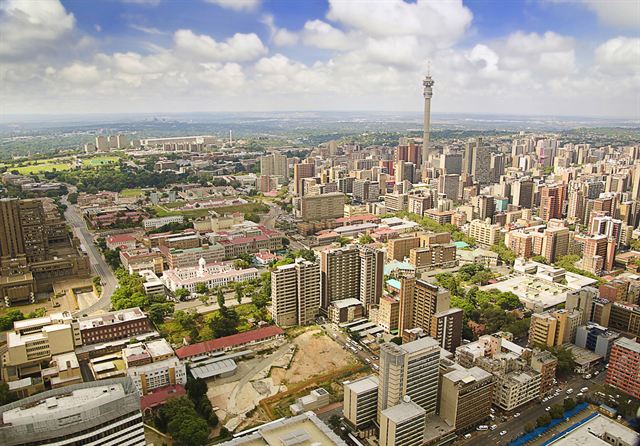 Aerial view of central Johannesburg high-rises with the Hillbrow Tower on the skyline