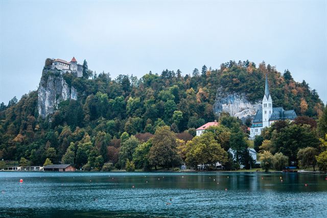 Bled Castle atop a sheer cliff above Lake Bled with St. Martin's Church spire amid autumn trees