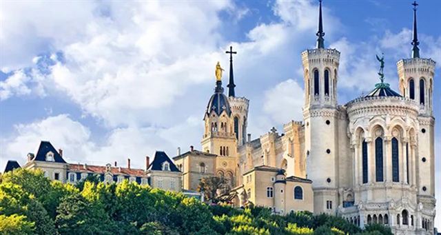 Basilica of Notre-Dame de Fourviere with its towers on Fourviere Hill, Lyon