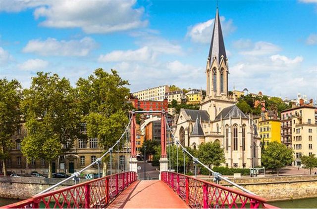 Saint-Georges footbridge over the Saone leading to Saint-Georges church in Vieux Lyon