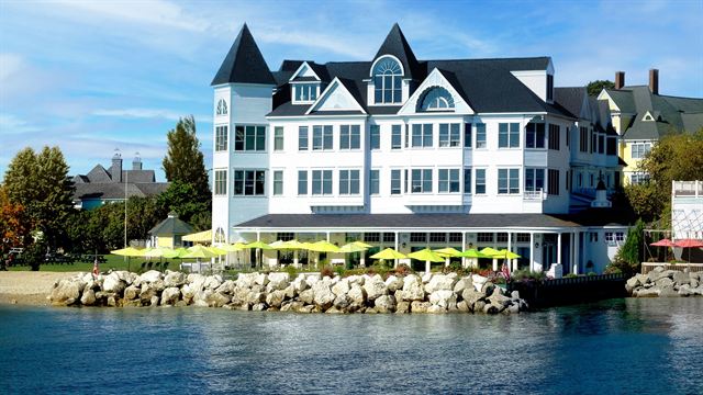 Victorian Hotel Iroquois on the rocky Lake Huron shoreline of Mackinac Island, Michigan