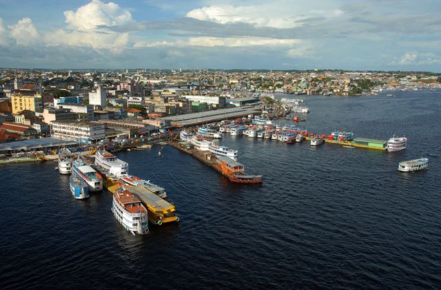 Aerial view of the regional boat port and riverfront of Manaus on the Rio Negro, Brazil