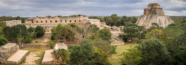 Panorama of Uxmal's Maya ruins with the Pyramid of the Magician, Yucatan