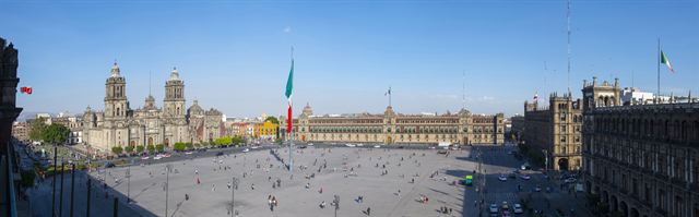 Panorama of the vast Zocalo square with the Metropolitan Cathedral and National Palace, Mexico City