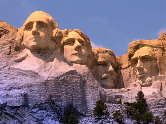 Four presidents' faces carved into granite at Mount Rushmore National Memorial