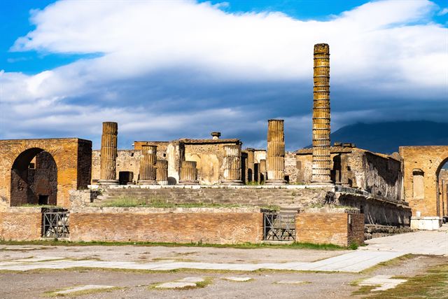 Ruins and columns of the Forum at Pompeii near Naples