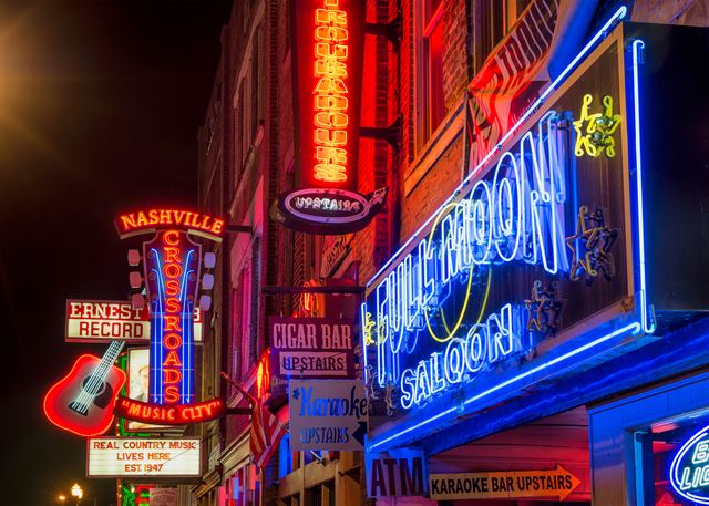 Neon signs of honky-tonks and music bars on Lower Broadway, Nashville
